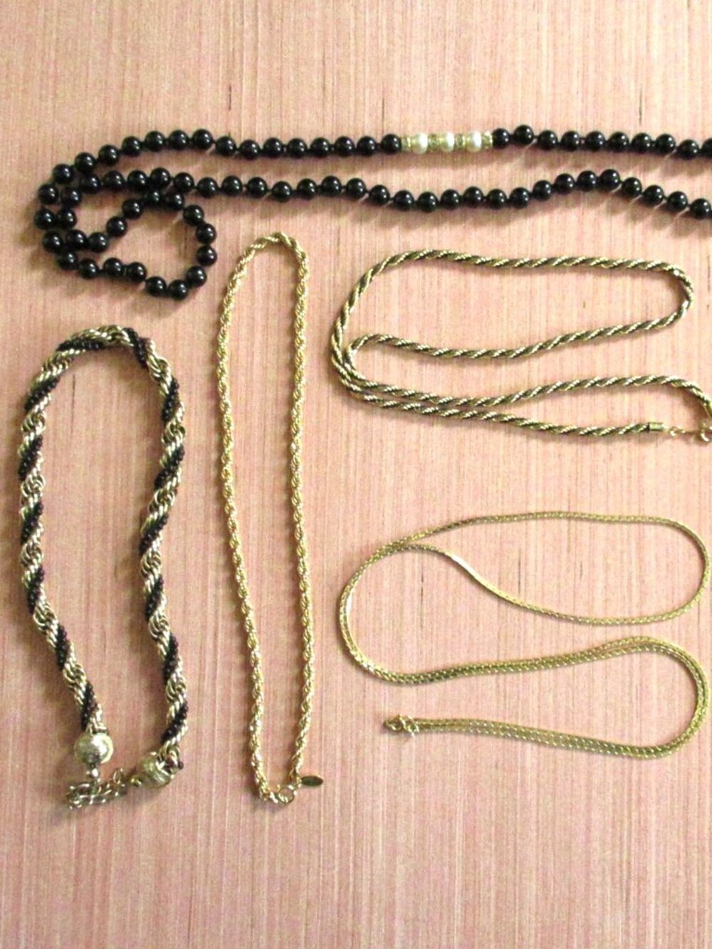 Lot of 5 Vintage GoldβTone & Onyx Necklaces β Rope Chains, Black/Gold Twist, 28"